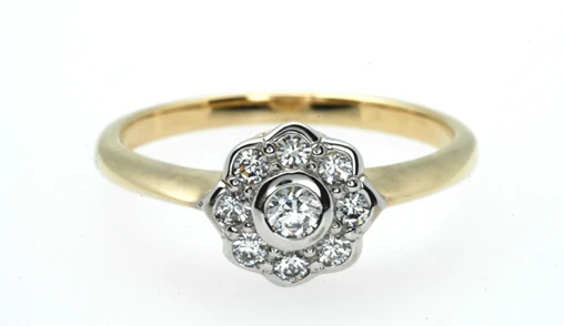 726 Yellow white gold diamond cluster ring