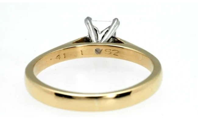 A close-up image showcasing a stunning 0.41-carat princess-cut diamond ring with a sleek platinum band. 