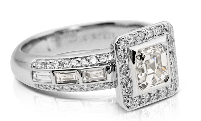 Asscher baguette diamond engagement ring