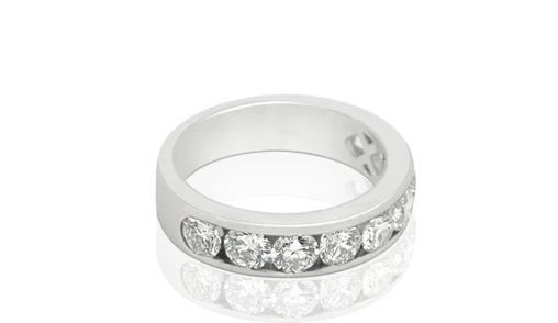 A close-up view of an exquisite diamond eternity ring crafted in luxurious platinum. 