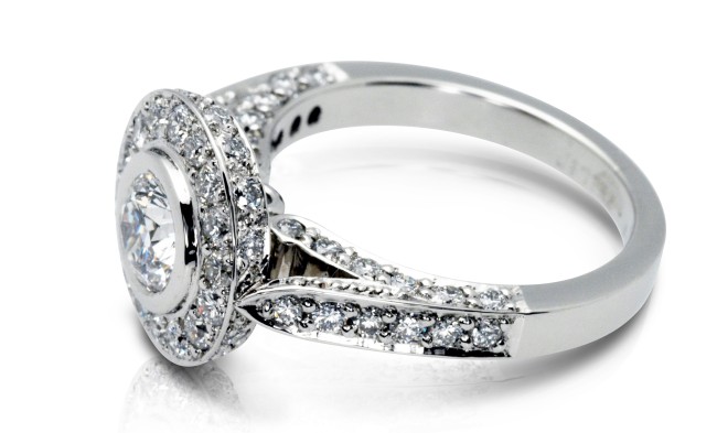 Halo bead rub set white gold engagement ring