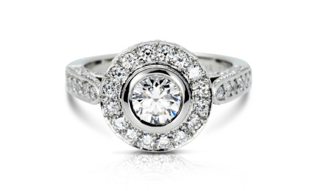 Pave halo and rub set engagement ring