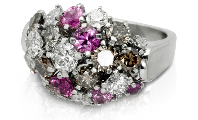 Pink Sapphire white champagne diamond cocktail ring