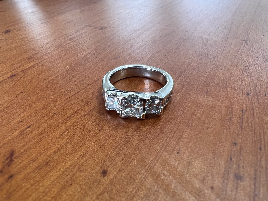 full image for Platinum three stone Princess cut ring with small Diamonds diamond set into shoulders