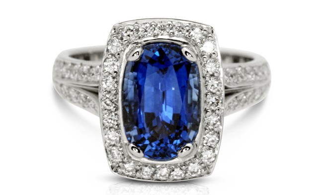 Platinum Sapphire diamond halo ring