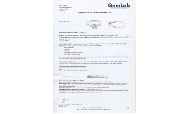1.2ct round brilliant ring platinum Aurum Fine Jewellery, Auckland NZ